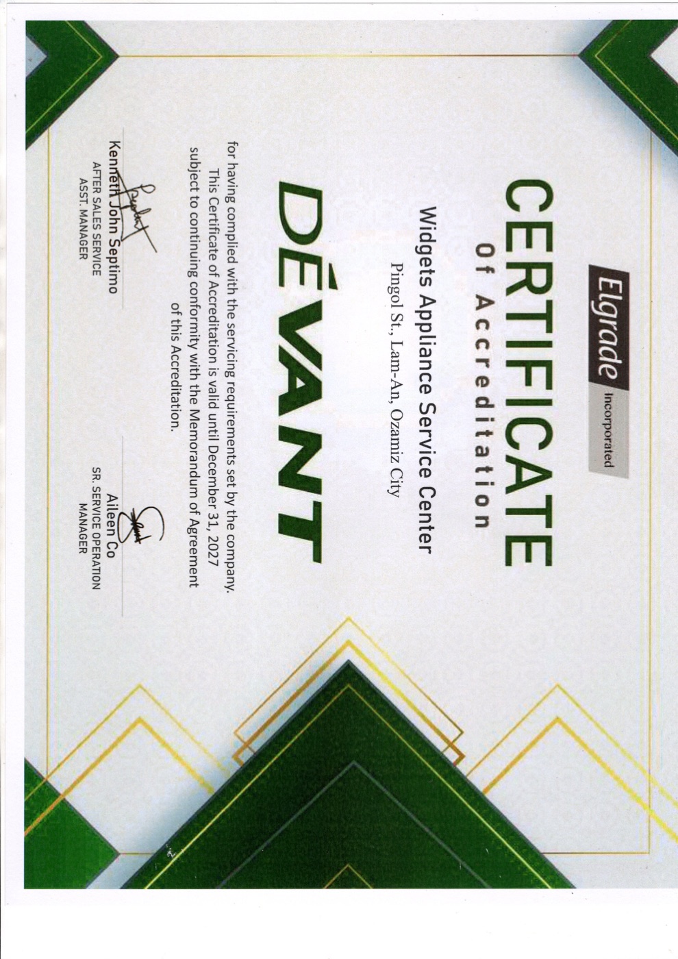 Devant Certificate of Accreditation