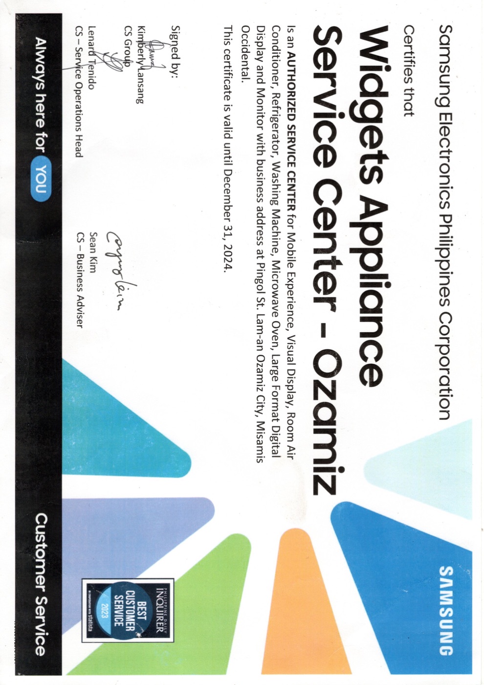 Samsung Service Certificate