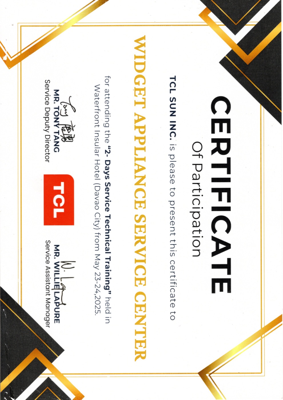 TCL Sun Certificate